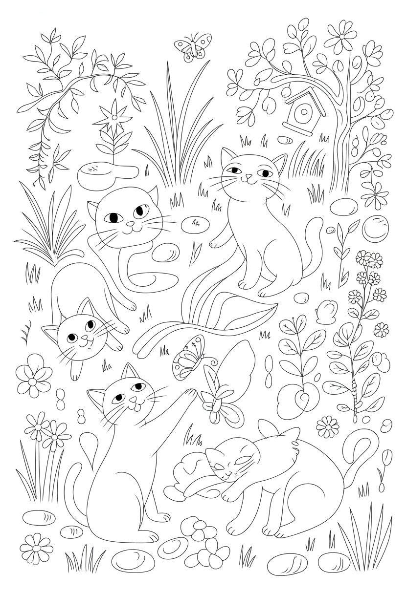 Printable Cute Cat Coloring Pages 20 Best Designs for All Ages 42 Several cats playing and resting among flowers, plants, and garden elements in an outdoor garden scene.